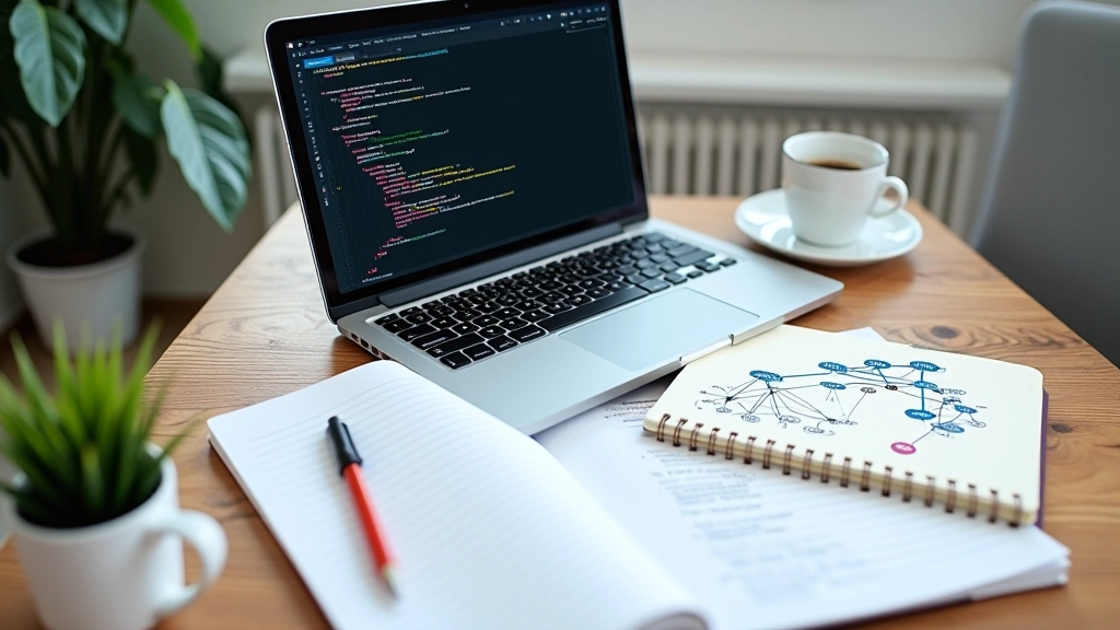 Laptop ekranında kod editörü ve makine öğrenimi algoritması görseli